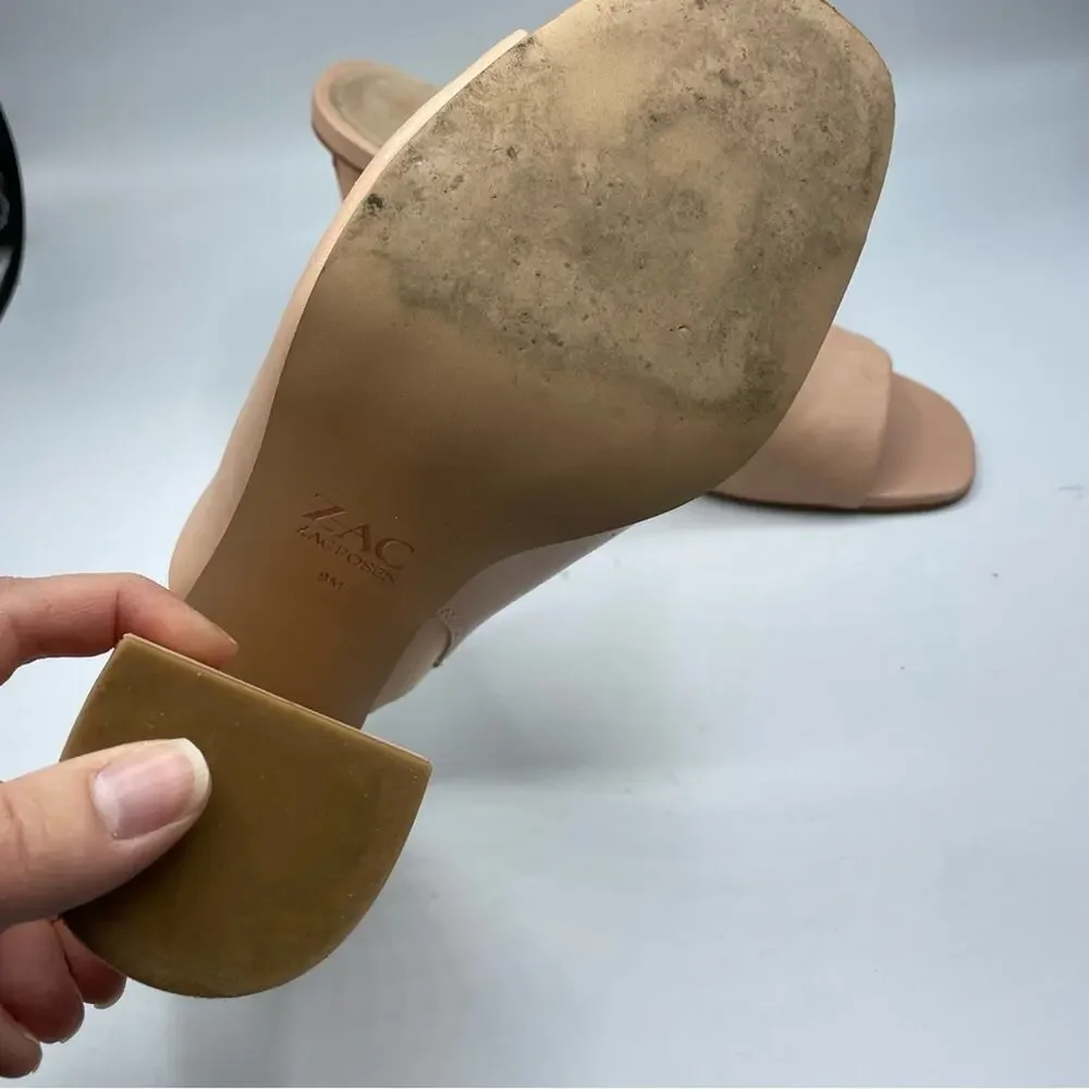 Zac Posen Nude Leather Slip One Mules Chunky Heel Women’s Shoes 9 Peep Toe Y2K